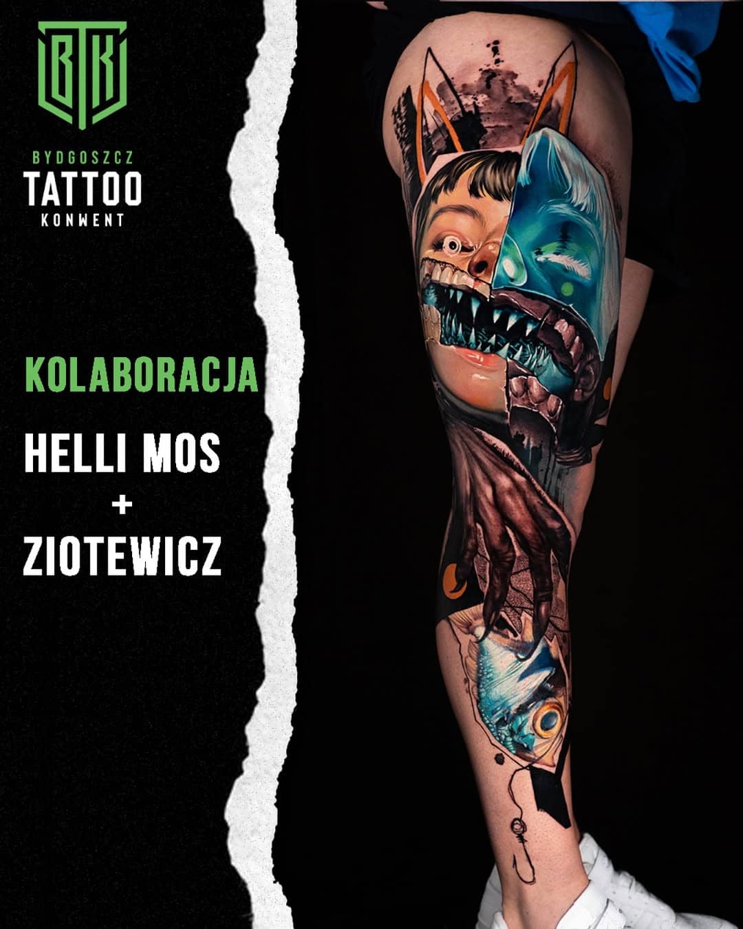 Ręka z kolorowymi symbolami i czarno-szarym detalem – dziara nagrodzona na Tattoo Kon went 1 miejsce na dużym festiwalu abstrakcyjny tatuaż autorstwa Adama Ziotewicza w studiu Sztorm Tattoo Gdańsk. Awangardowy tatuaż na nodze z motywem maski i zwierzęcej paszczy, kolaboracja Helli Mos i Adama Ziotewicza podczas Tattoo Konwent Bydgoszcz.